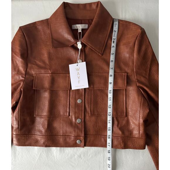 New WAYF Croc Embossed Crop Faux Leather Jacket in Brown Size M - Picture 10 of 13